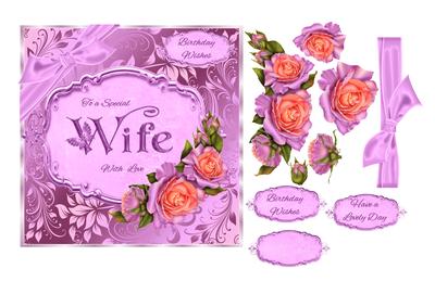 Wife Birthday Card with Peach & Lilac Roses