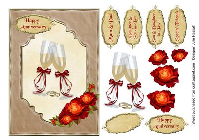 Anniversary Card with Champagne Glasses and Red Gold Roses