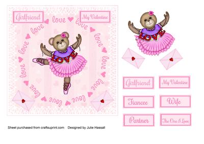 Valentine Card with Teddy Bear Ballerina & Hearts