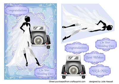 Wedding Card with Silhouette Bride and Wedding Car
