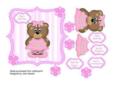 Birthday Card with Ballerina Teddy & Gingham Flowers