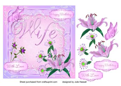 Birthday Card for Wife with Lilies, Daisies & Butterfly
