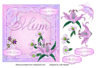 Birthday Card for Mum with Lilies, Daisies & Butterfly