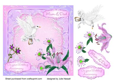 Mum & Dad Wedding Anniversary Card with Flowers, Dove, Rings