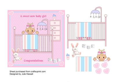 Baby Girl Card with Cot, Mobile, Rabbit, Toys, Hearts