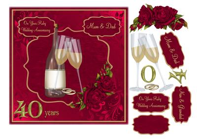 Ruby Anniversary Card with Red Roses and Champagne Toast