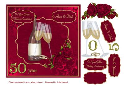 Golden Anniversary Card with Champagne Toast & Red Roses