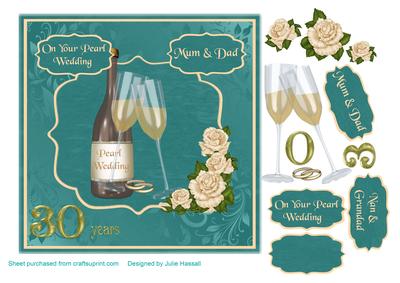 Pearl Wedding Card with Champagne Glasses & Ivory Roses
