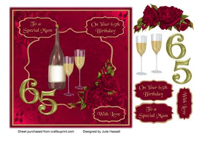 Mum 65th Birthday Card with Champagne & Roses