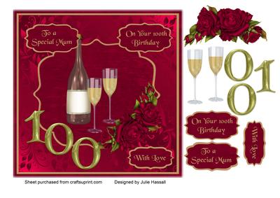 Mum 100th Birthday Card with Champagne & Roses