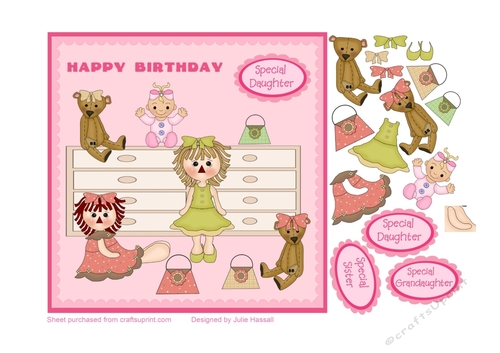 Birthday Card for Girl with Dolls, Teddies,handbags