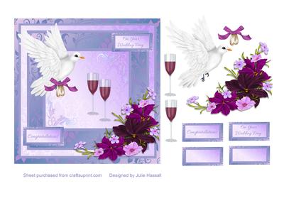 Wedding Day Card with Dove, Wedding Rings & Wine Glasses