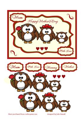 Mother's Day Card with Owl Family & Red Rose