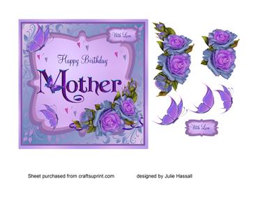 Birthday Card for Mother with Purple Roses & Butterflies