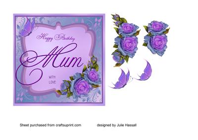 Birthday Card for Mum with Purple Roses & Butterfly
