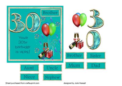 30th Birthday Card with Champagne, Balloons and Gift