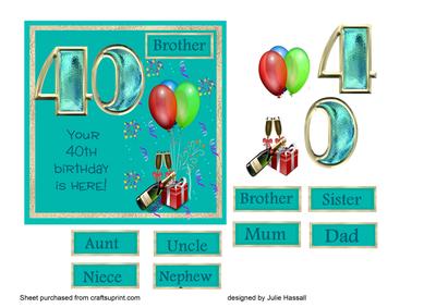 40th Birthday Card with Champagne, Balloons and Gift