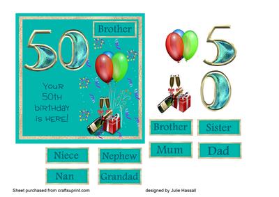 50th Birthday Card with Champagne, Gift & Balloons