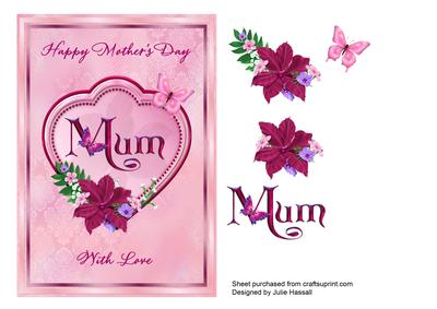 Mother's Day Card for Mum with Heart & Flowers Pink