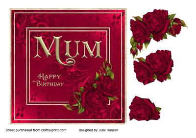 Mum Birthday Card with Crimson Decoupage Roses