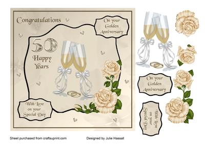 Golden Wedding Anniversary Card with Champagne & Roses