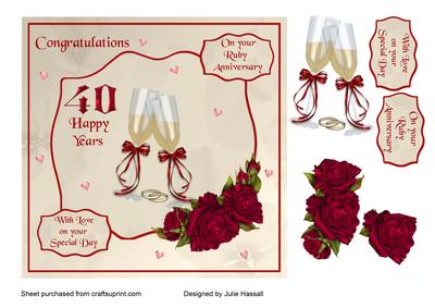 Ruby Wedding Anniversary Card with Champagne & Red Roses