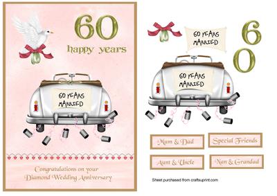Diamond Wedding Anniversary Card with Dove and Wedding Car
