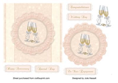 Wedding Card with Peach Rosette, Champagne & Rings