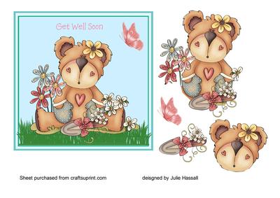 Get Well Card with Cute Teddy Doing Gardening