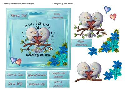 Anniversary Card with Birds, Hearts & Flowers