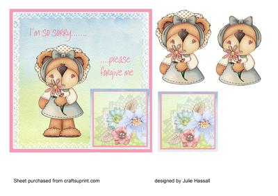 Sorry Card with Decoupage Bear and Flowers