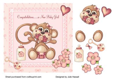 Baby Girl Card with Cute Monkey, Bottle, Rattle & Flowers