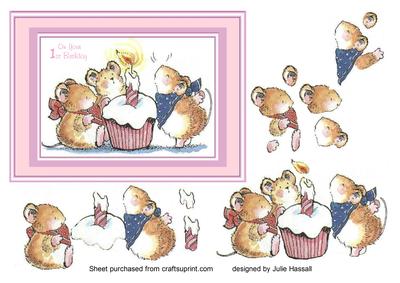 1st Birthday Card with Cute Mice Decoupage