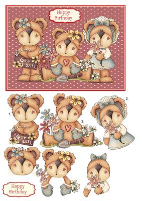 Birthday Card with Decoupage Teddy Bear Gardeners