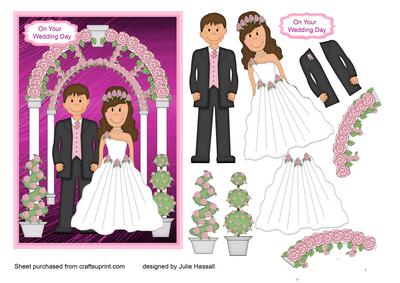 Wedding Day Card with Bride and Groom in Archway of Roses