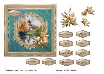 Birthday Card with Framed Landscape and Decoupage Flowers