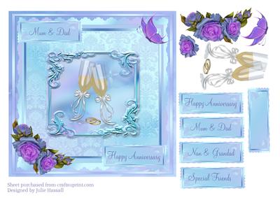 Wedding Anniversary Card with Champagne, Roses & Butterfly