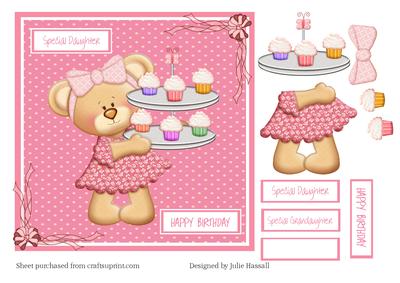 Birthday Card with Decoupage Teddy & Cupcakes