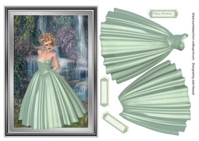 Birthday Card with Elegant Lady & Waterfall Scene