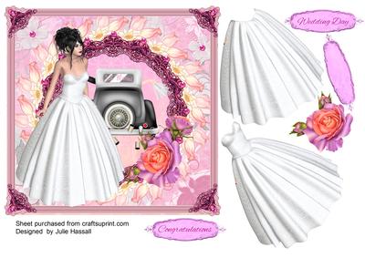 Floral Wedding Day Card with Decoupage Bride & Wedding Car