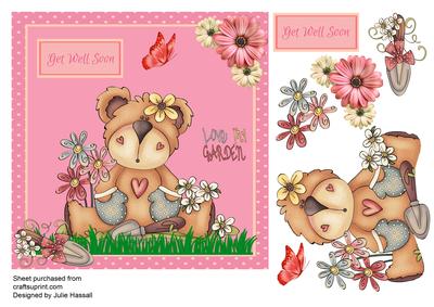 Get Well Card with Decoupage Teddy Bear in Garden