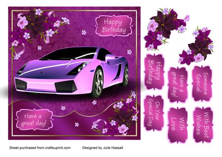 Sports Car Birthday Card with Decoupage Car & Flowers