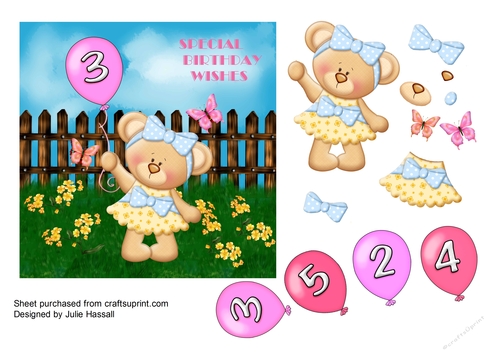 Teddy bear birthday card with balloon and ages 2,3,4 & 5