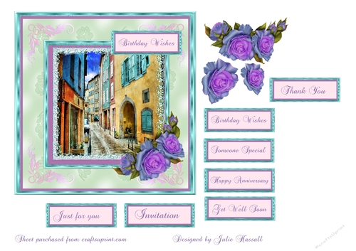 Street scene card with decoupage roses and several sentiment options