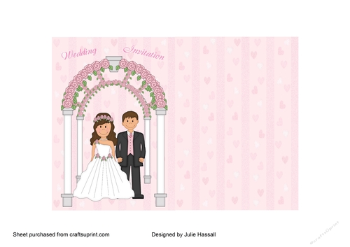 wedding invitation with cute bride & groom in archway