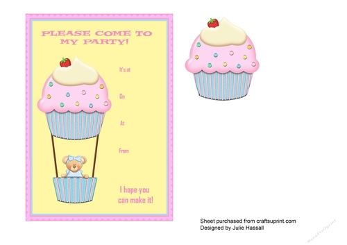 Party invitation with hot air balloon, cupcake and teddy