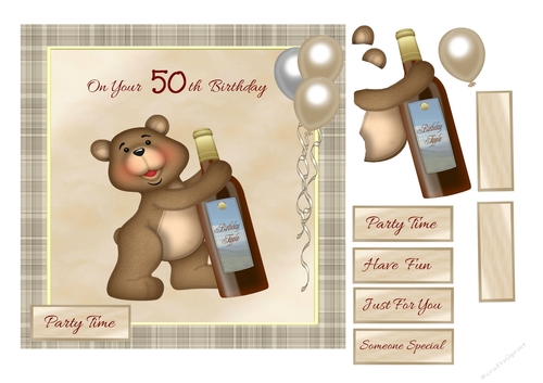 50th birthday card with teddy, wine & balloons