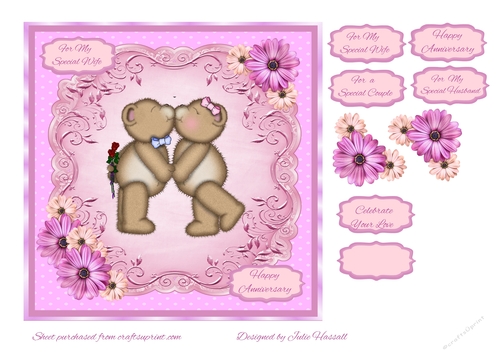 Anniversary card for wife/husband with teddies and floral decoupage