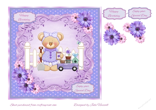birthday card with teddy bear gardener in floral frame