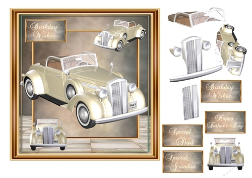 Birthday or fathers day card with decoupage vintage cars